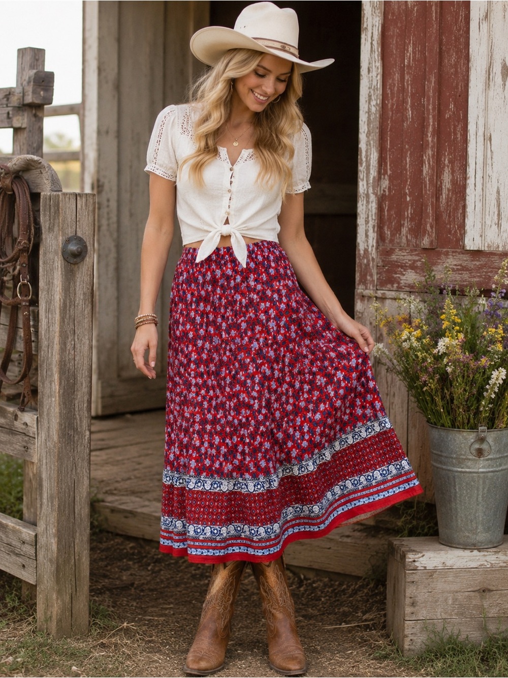 LOFT Red Floral Tiered Maxi Skirt with Navy Border